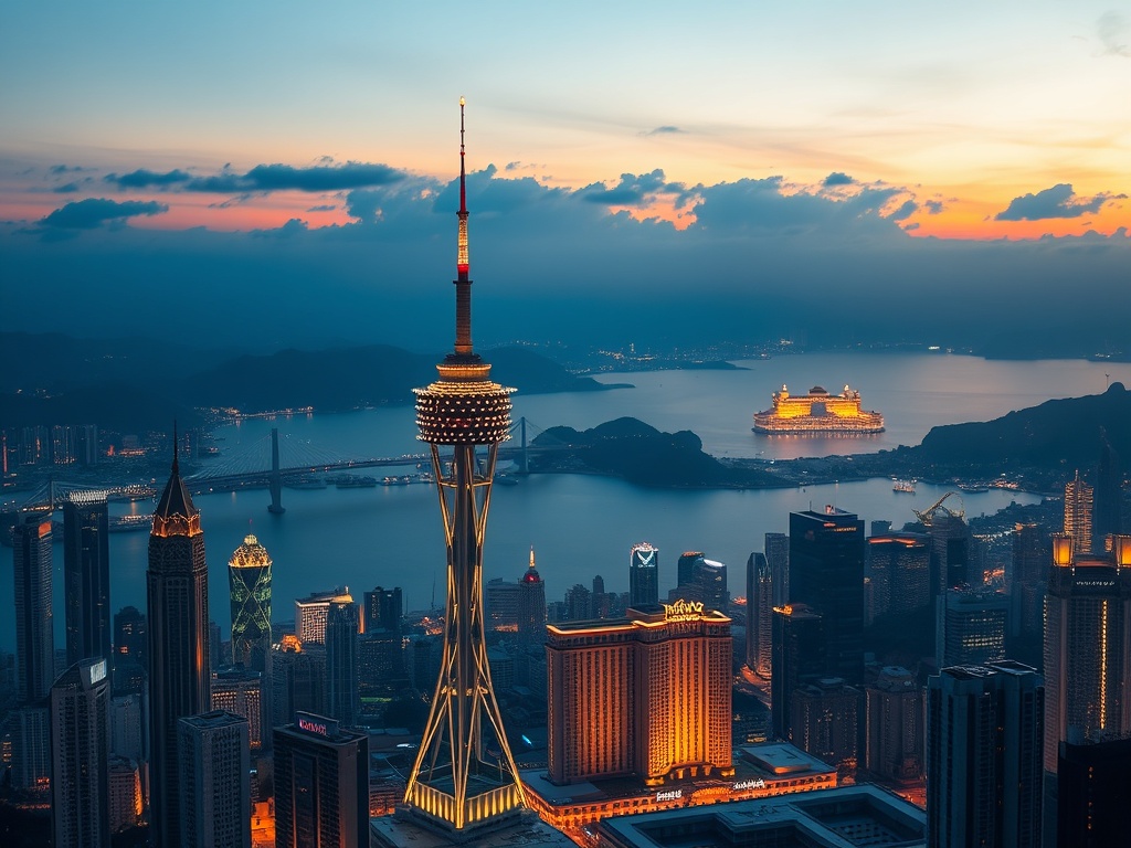 urban skyline of Macau at sunset with tower bungee jump platform glowing with lights
