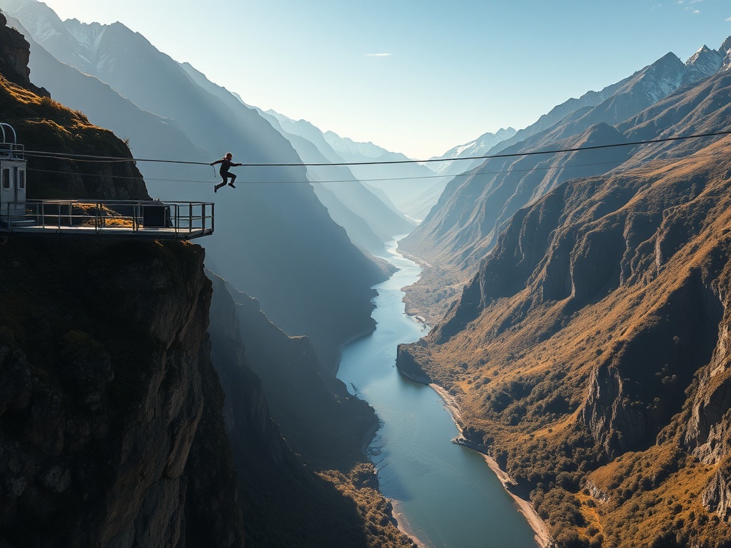 a lone bungee jumper stepping off a suspended platform high above a wide river canyon in New Zealand, dramatic alpine scenery, early morning light