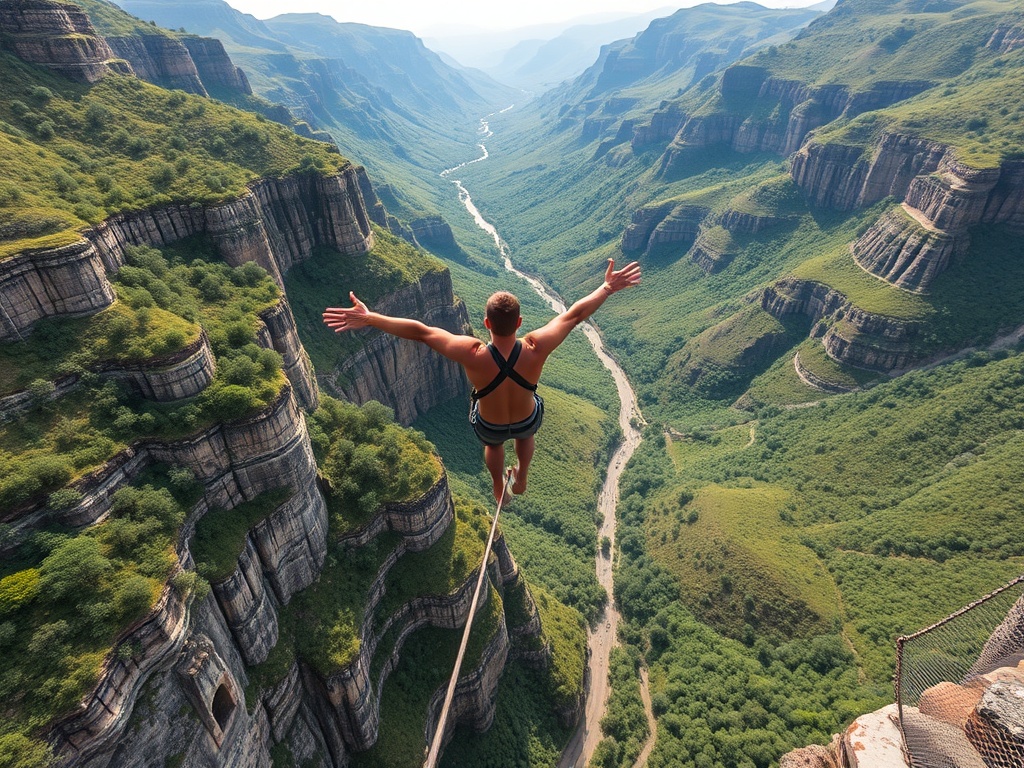 bungee jumper diving from a high bridge over lush green valley in South Africa, wide panoramic view
