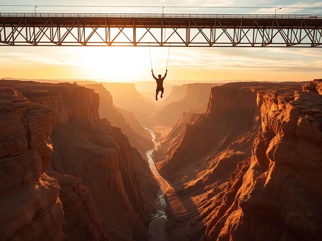 bungee jumper diving into a vast desert canyon with a long steel bridge overhead, golden sunset tones