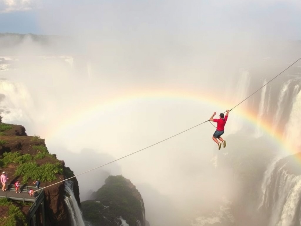 bungee jumper leaping from a bridge with Victoria Falls mist rising in the background, rainbow in the spray