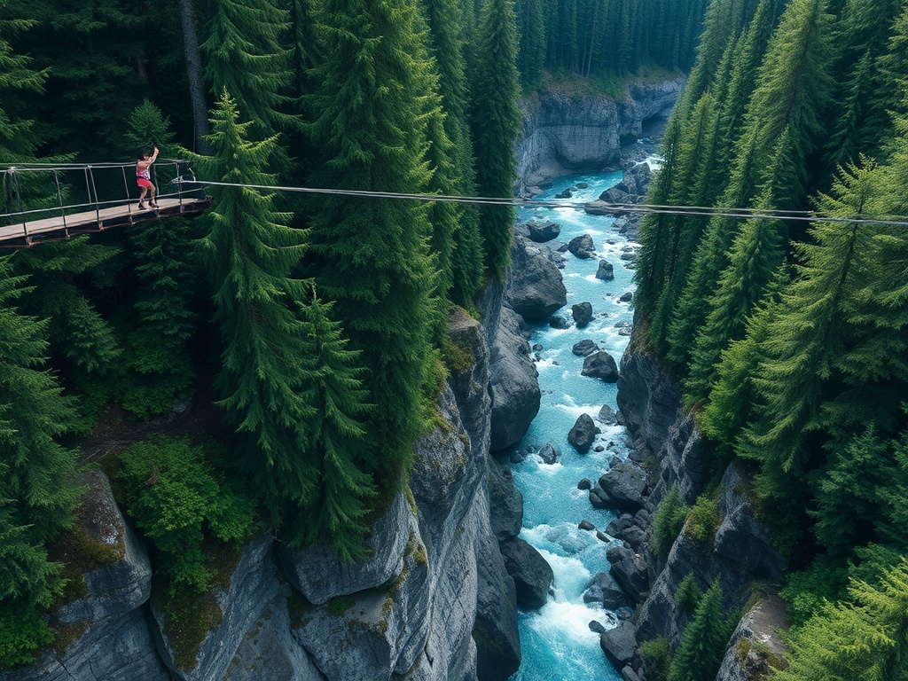 forest bungee jump in British Columbia with a jumper diving over a rocky river canyon surrounded by evergreen trees