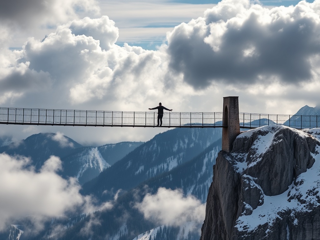 high alpine bridge in Austria with a bungee jumper against snowy mountain backdrop, dramatic clouds