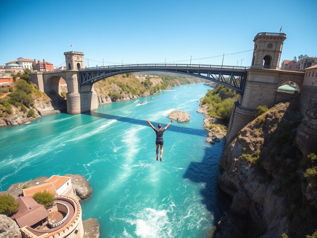 historic bridge over a turquoise river with a bungee jumper dipping into water, bright daylight adventure scene