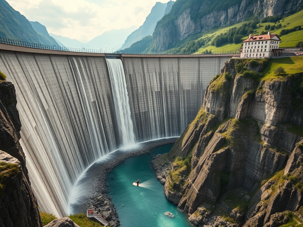 massive curved dam in Switzerland with a bungee jumper mid-fall, turquoise river below, cinematic James Bond atmosphere