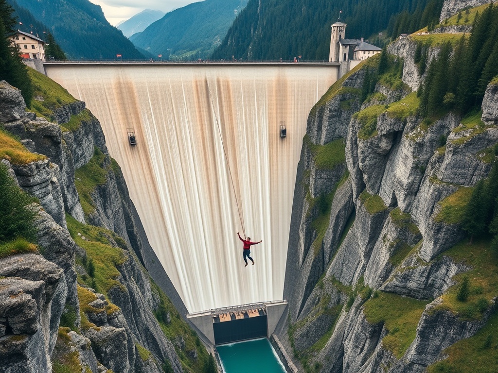 massive dam in Austria with a bungee jumper falling into deep valley, rugged mountain terrain