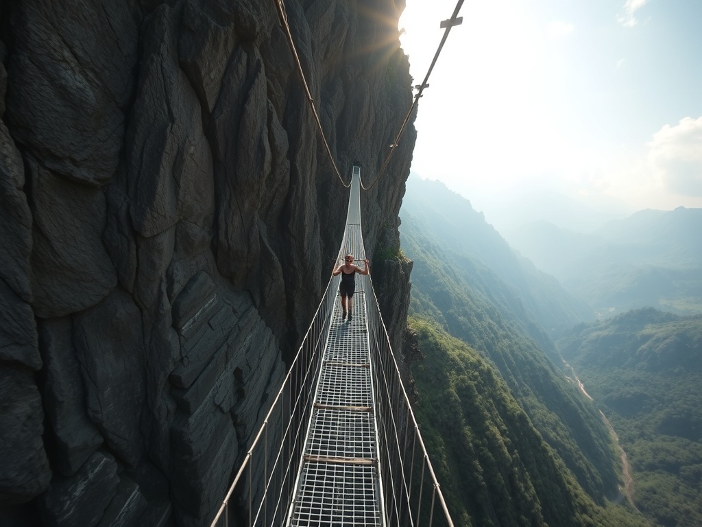 narrow suspension bridge high above a valley with a bungee jumper mid-air, dramatic depth perspective