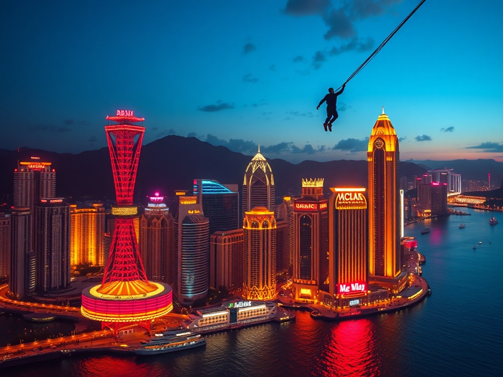 nighttime city skyline of Macau with a bungee jumper diving from a towering skyscraper, neon lights reflecting on water