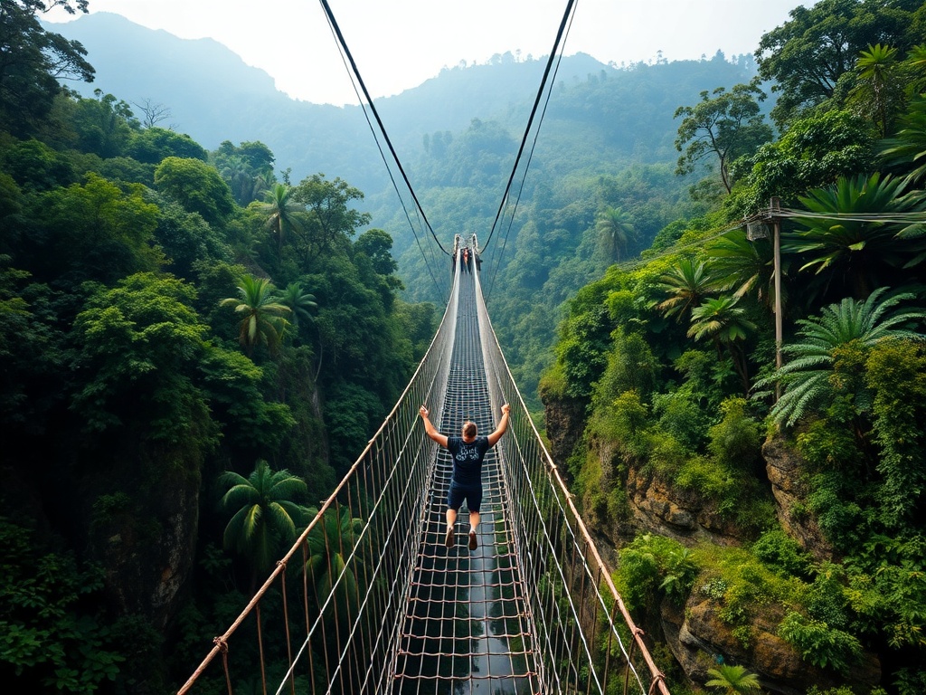 suspension bridge over deep jungle gorge in Nepal with a bungee jumper surrounded by dense greenery