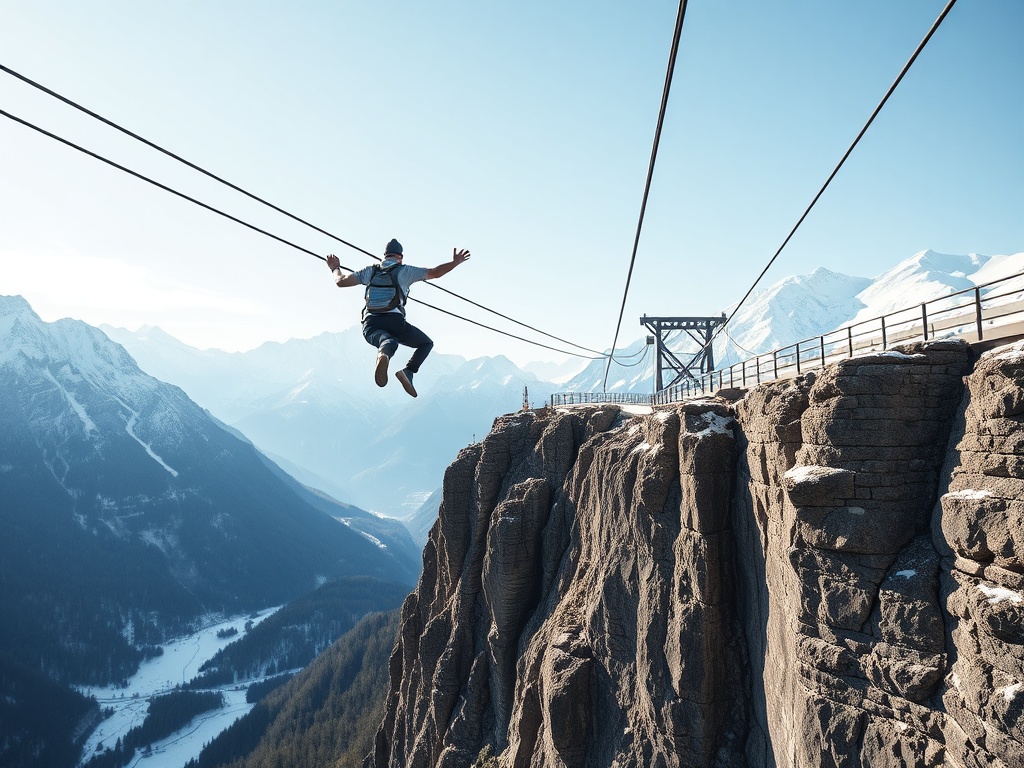 alpine bridge with snow mountains background bungee jumper mid fall