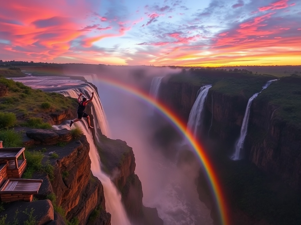 bungee jumper over Victoria Falls mist rainbow gorge dramatic sunset
