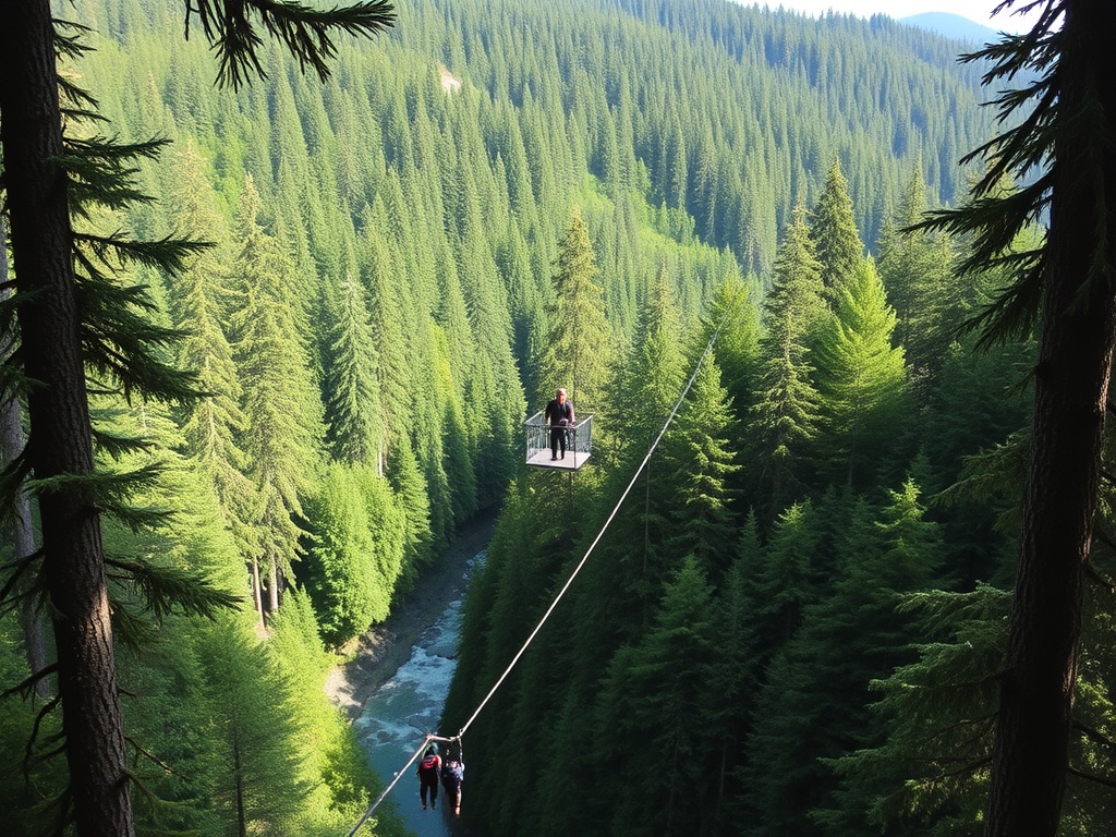 forest bungee jump platform over river Vancouver Island lush green scenery