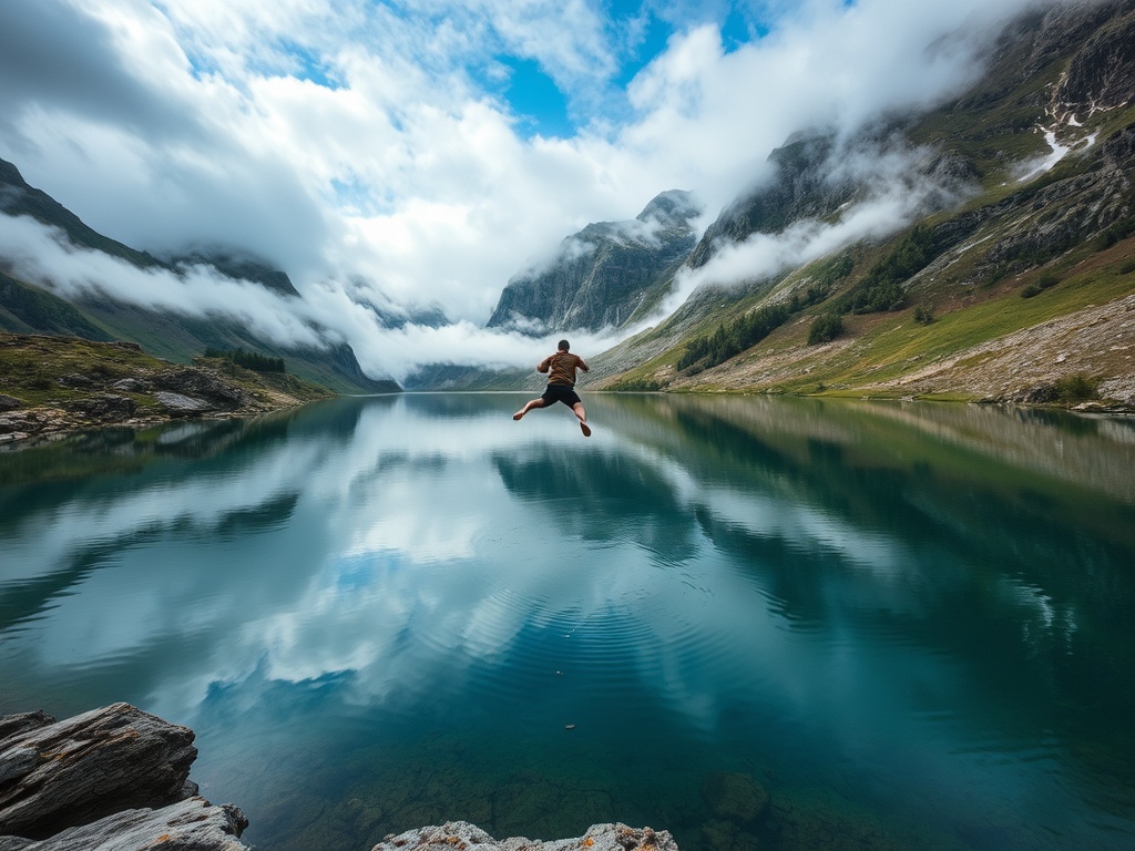 high alpine dam lake mirror water jumper falling dramatic clouds