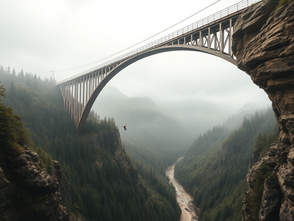 high arch bridge over deep valley forest bungee jump dramatic perspective