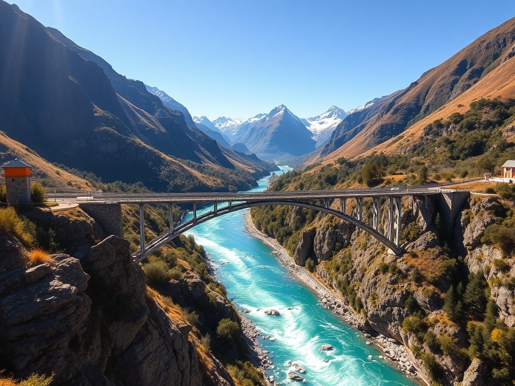 historic bungee bridge over turquoise river in Queenstown dramatic mountains bright daylight