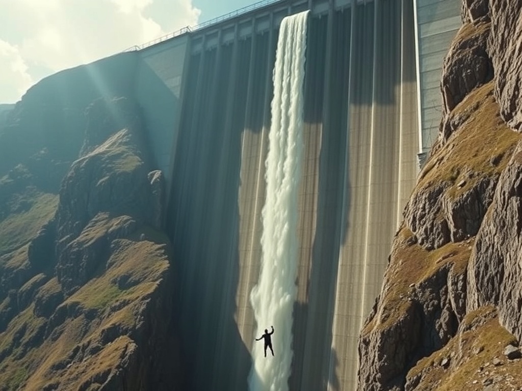 massive concrete dam drop with jumper falling into alpine valley cinematic James Bond style