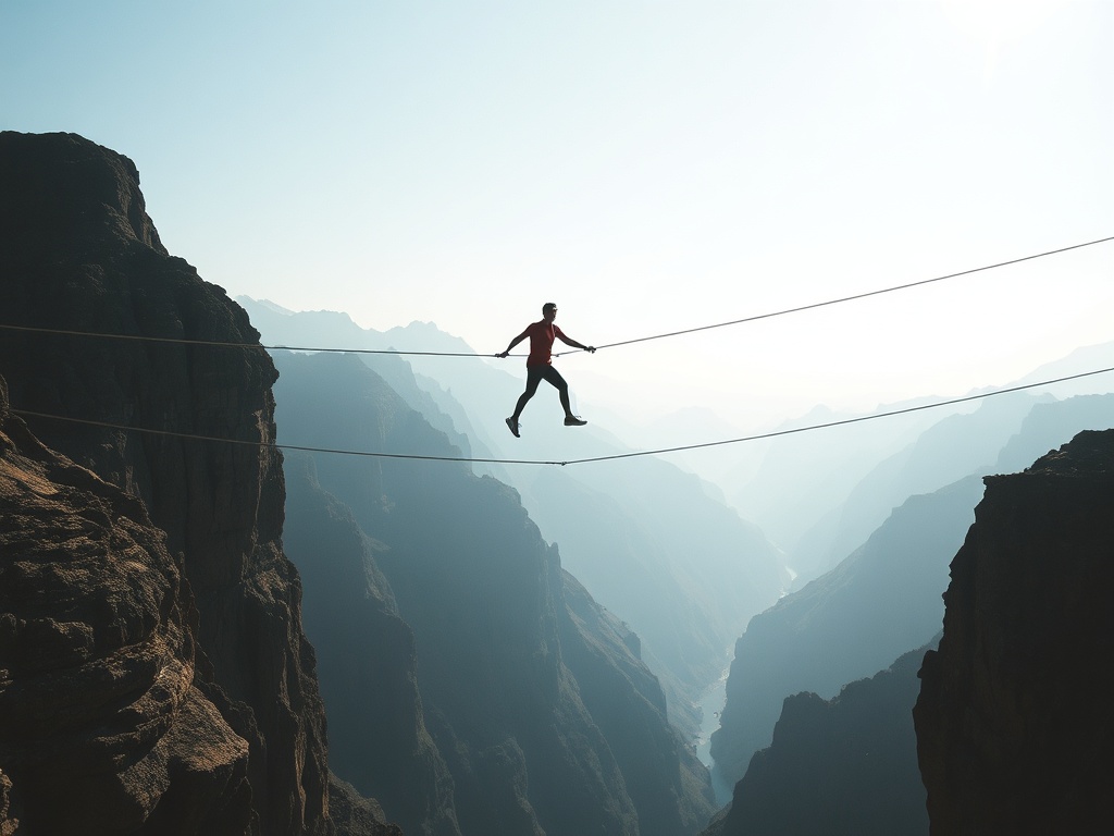 narrow suspension bridge over deep valley jumper stepping off minimalist scene