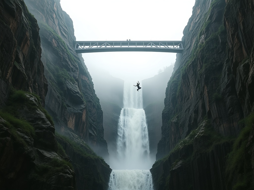 steep dam face vertical drop jumper falling tiny against massive structure