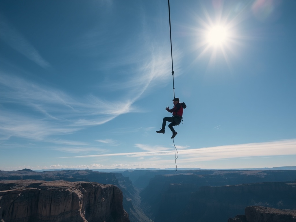 suspended cable pod over canyon jumper stepping off platform high altitude