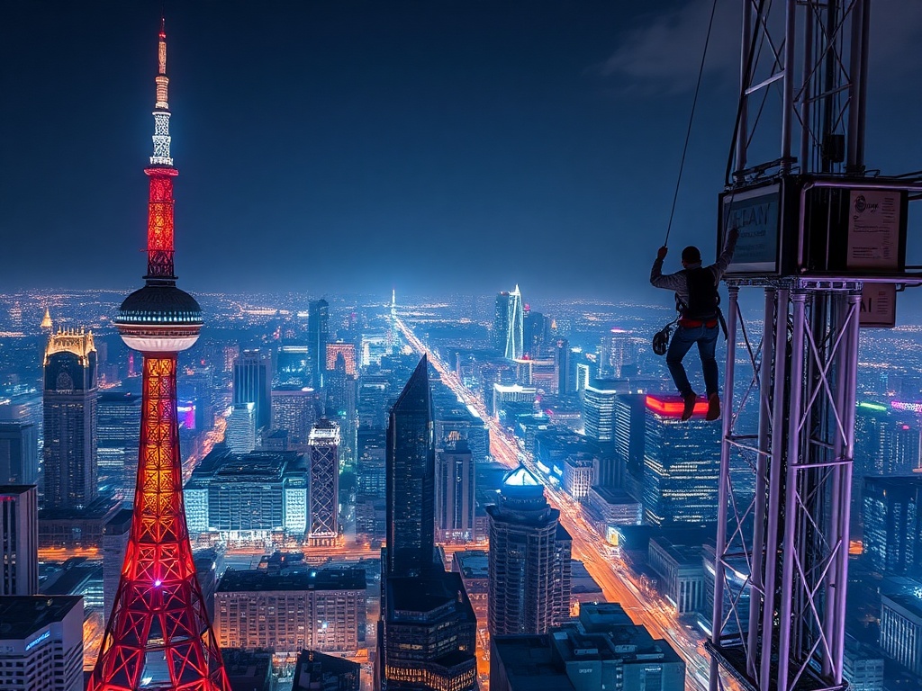 urban skyline night bungee jump from tall tower neon lights cityscape below