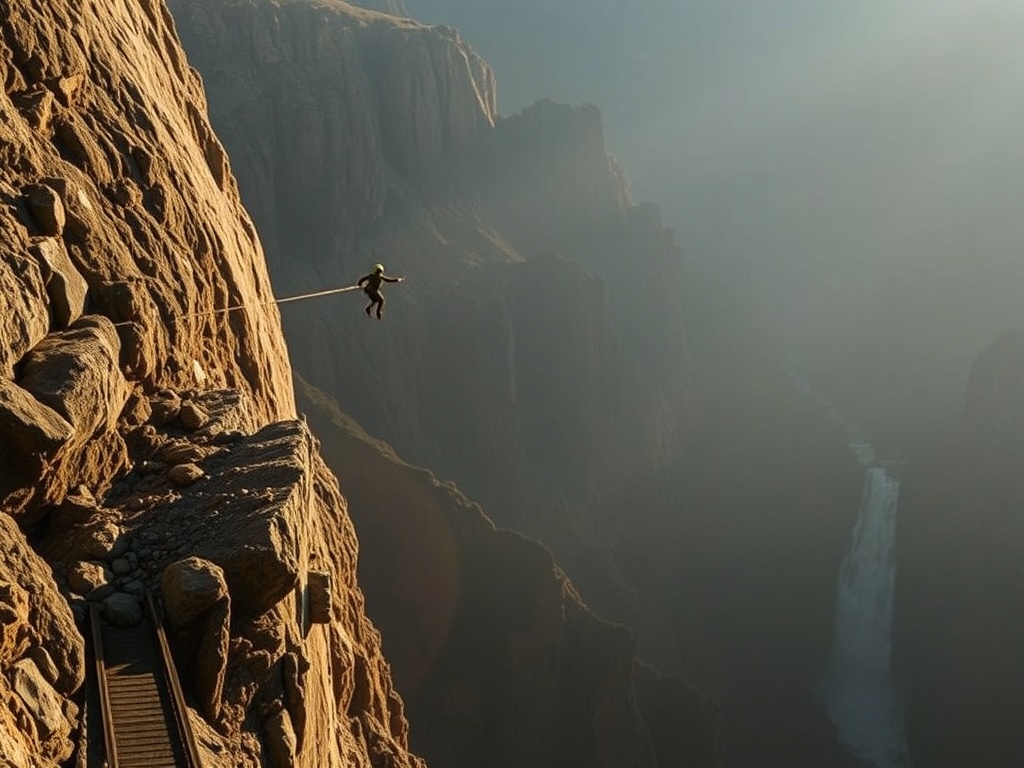 a lone jumper stepping off a suspended cable pod high above a rugged canyon in New Zealand, dramatic light, vast scale