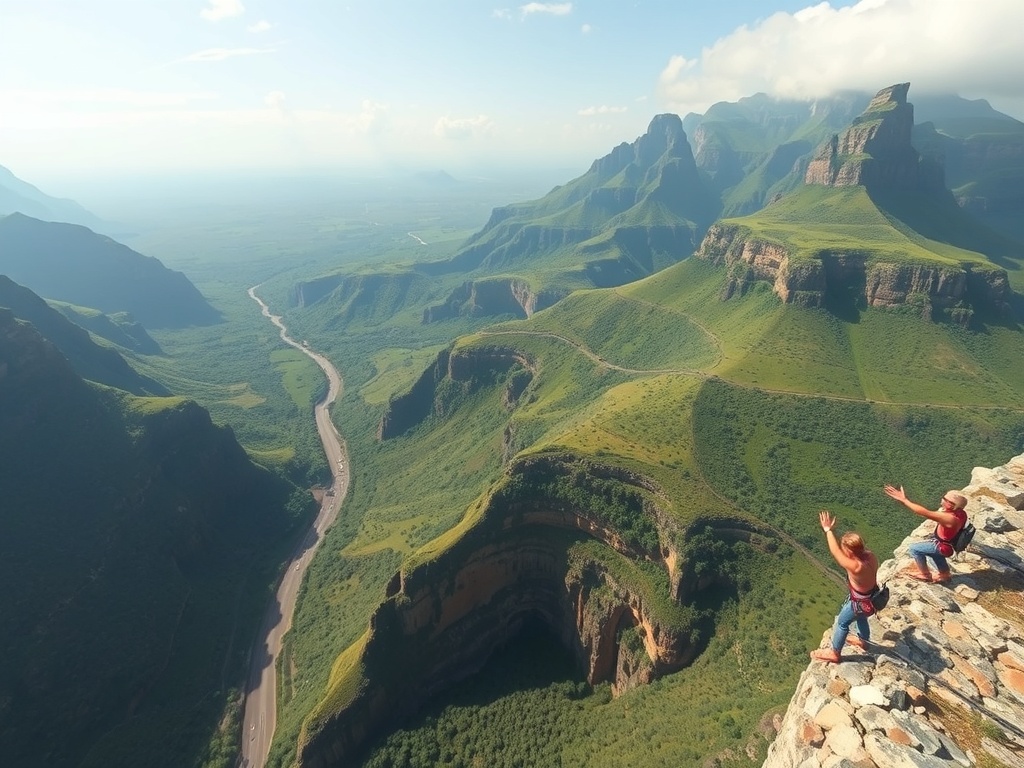 bungee jumper leaping from a massive bridge over lush green valley in South Africa, wide cinematic shot