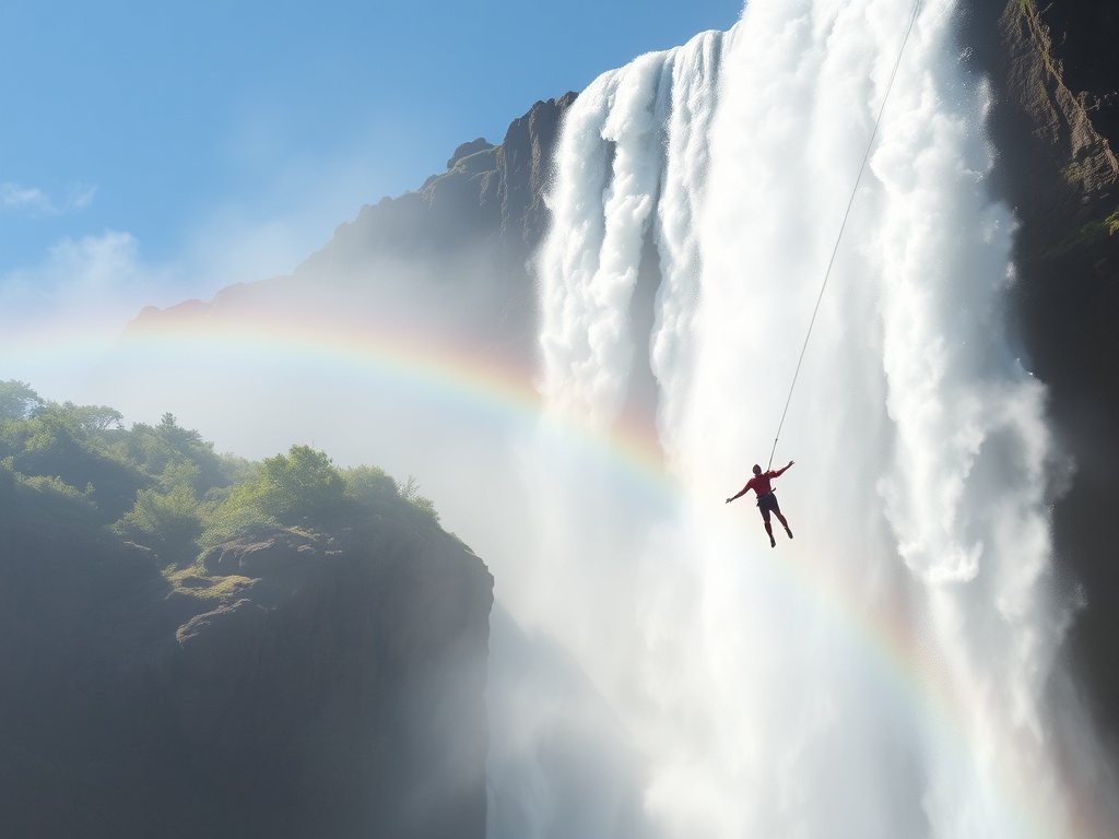 bungee jumper leaping toward mist rising from a massive waterfall, rainbow in spray