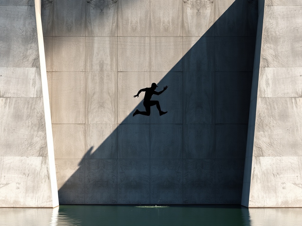 clean vertical dam drop with jumper silhouetted against smooth concrete wall