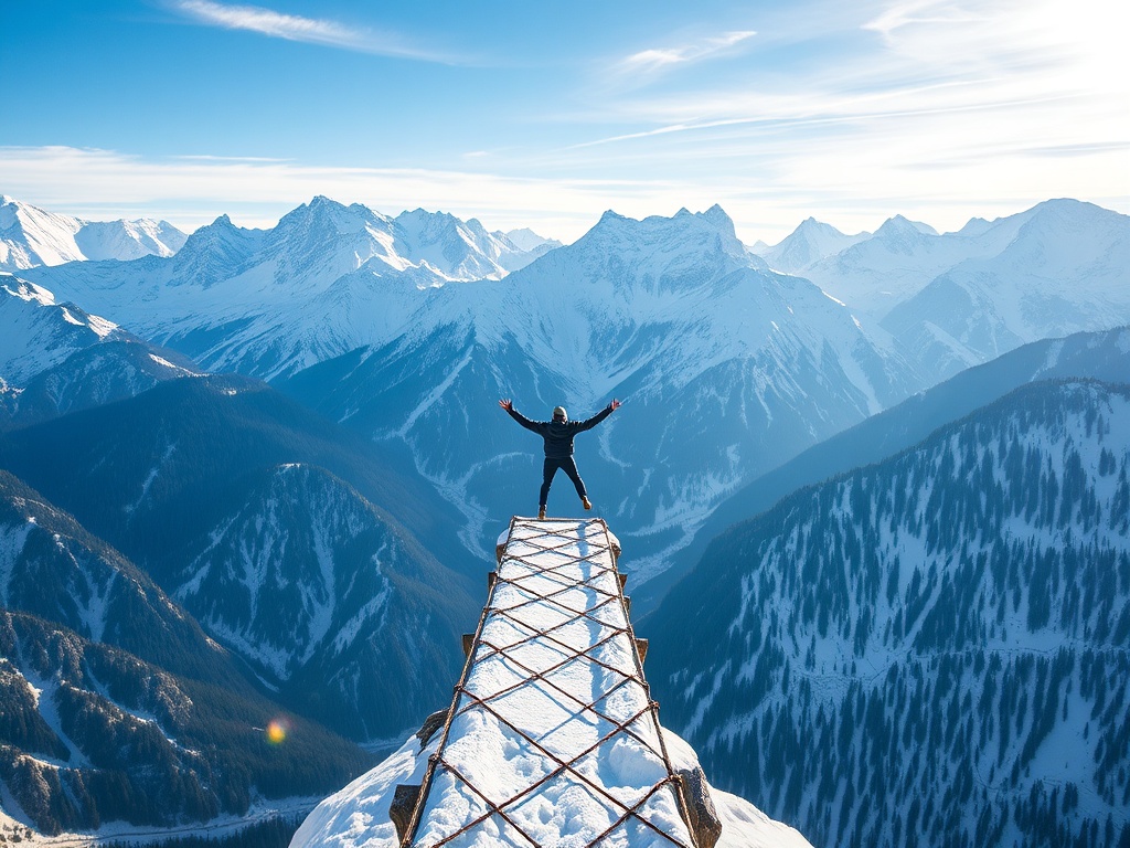 high alpine bridge with snowy peaks, jumper falling against dramatic mountain backdrop