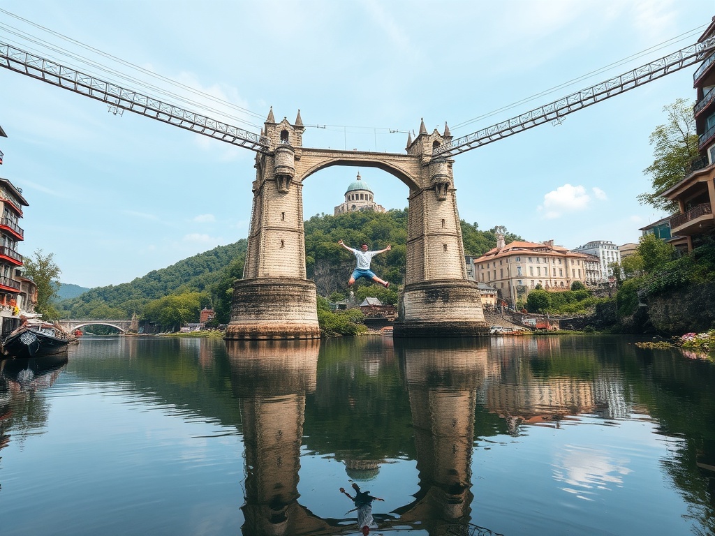 historic bungee bridge over clear river, jumper mid-air reflected in water