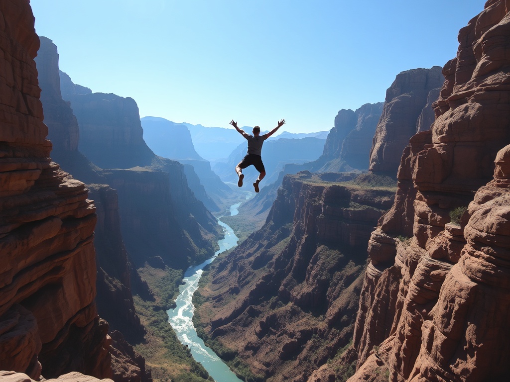 jumper descending into vast canyon with river far below, dramatic shadows