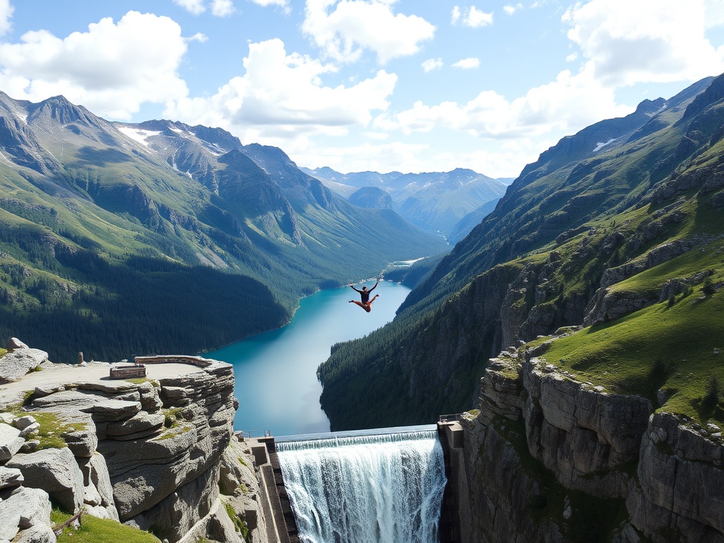 jumper leaping from high dam surrounded by alpine lake and rugged peaks
