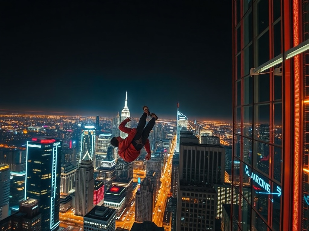 nighttime cityscape with neon lights as a jumper dives from a tall urban tower, glowing skyline