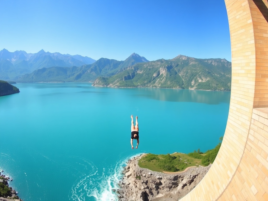 person diving headfirst from a towering dam into a turquoise reservoir, alpine mountains in background