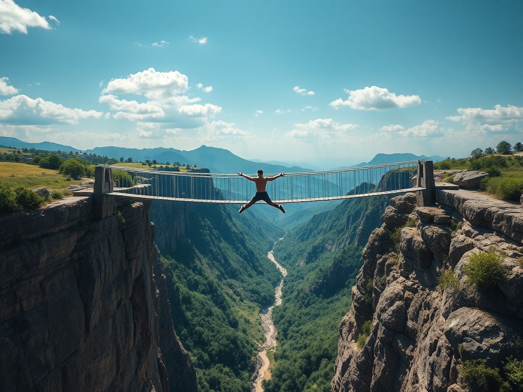 suspension bridge over deep valley, jumper swinging wide across open space