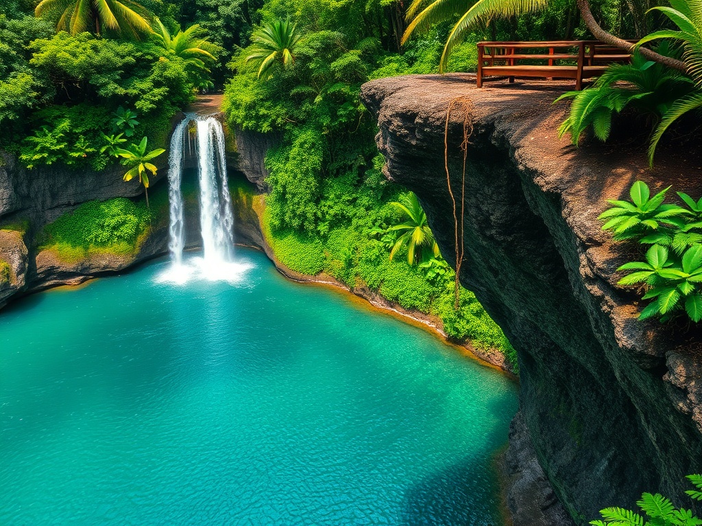 tropical cliff jump with lush jungle and waterfall nearby, vibrant green scenery