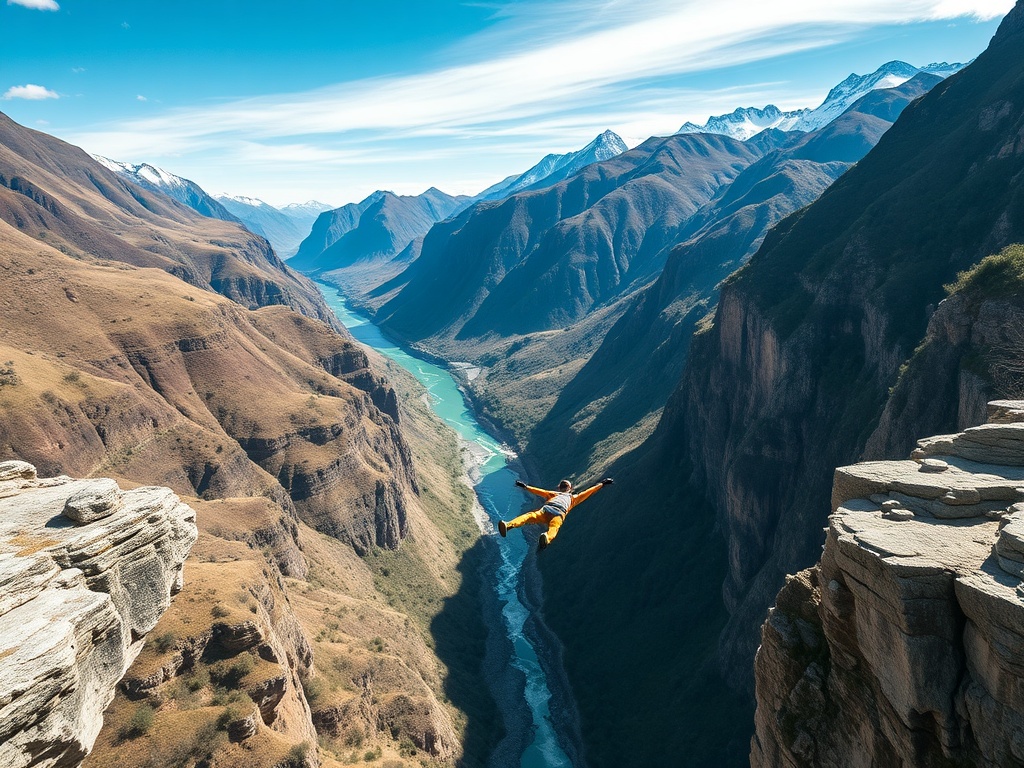 a lone jumper diving into a vast canyon in Queenstown New Zealand with dramatic mountains and river below