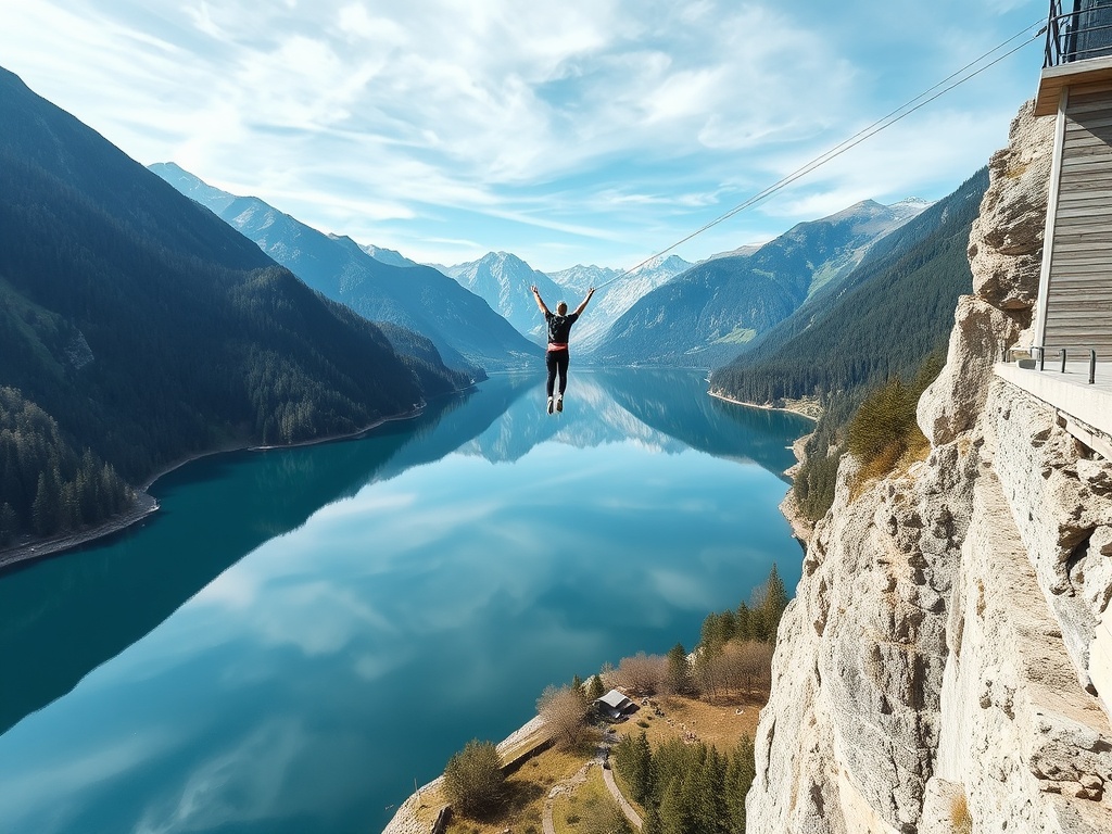 bungee jump at Kolnbrein Dam with alpine lake and mountain reflections
