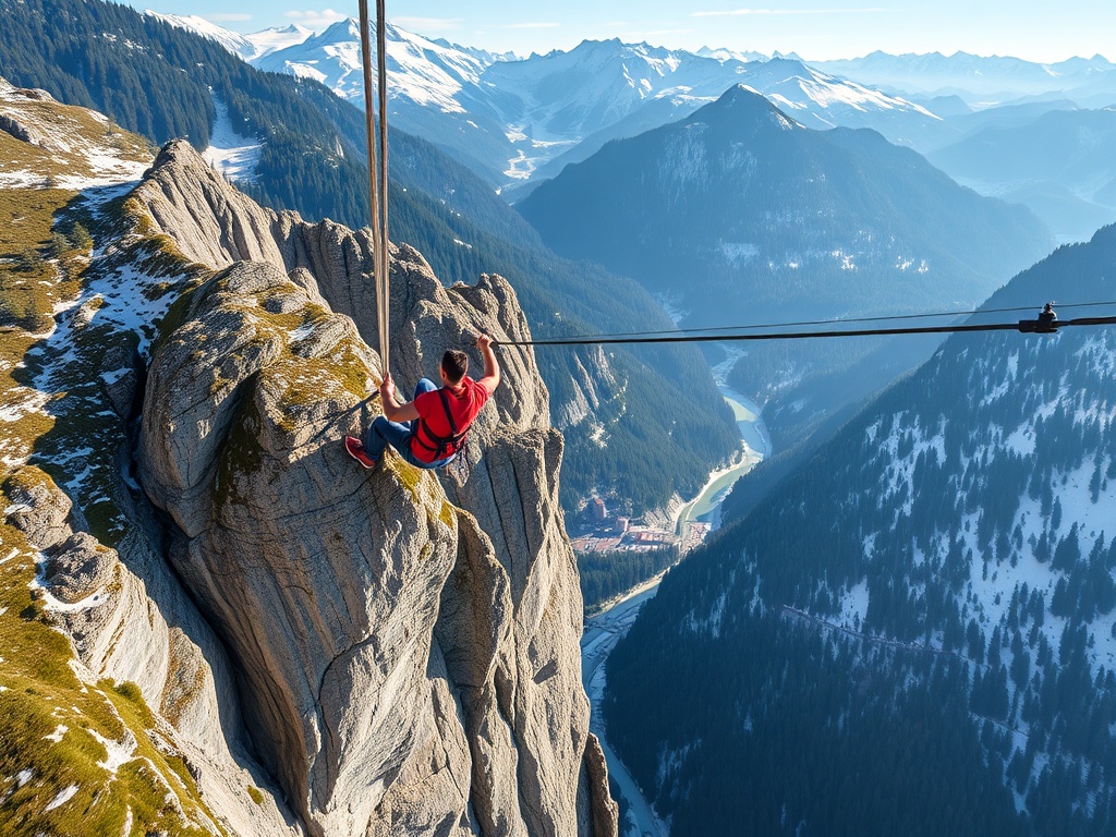 bungee jump from high alpine bridge in Austria with snow capped peaks