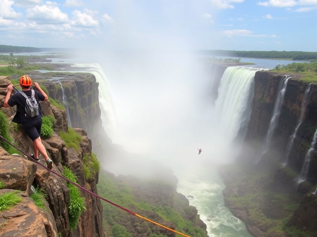 bungee jump near Victoria Falls with mist rising and waterfall in background