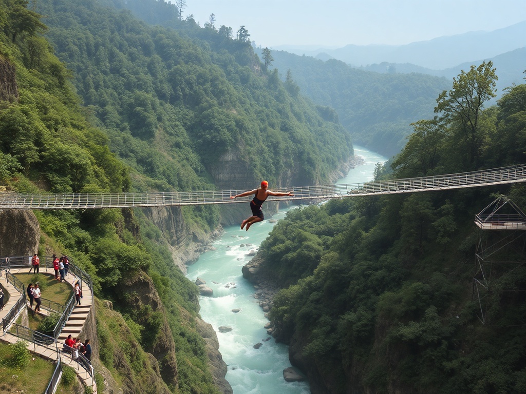 bungee jump over jungle gorge in Nepal with river far below and suspension bridge