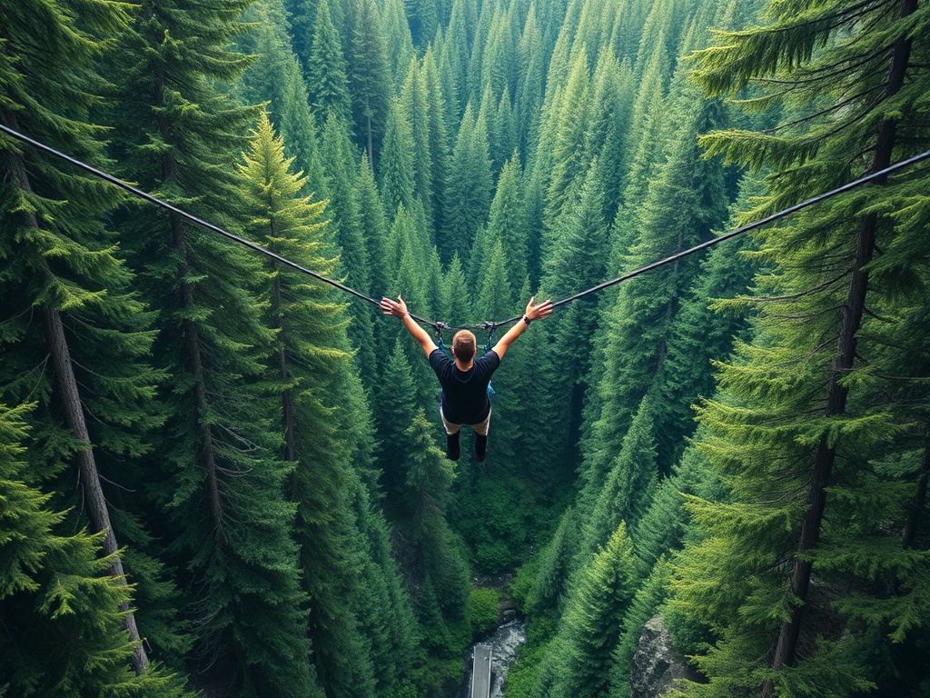 bungee jump surrounded by forest in British Columbia with green canopy