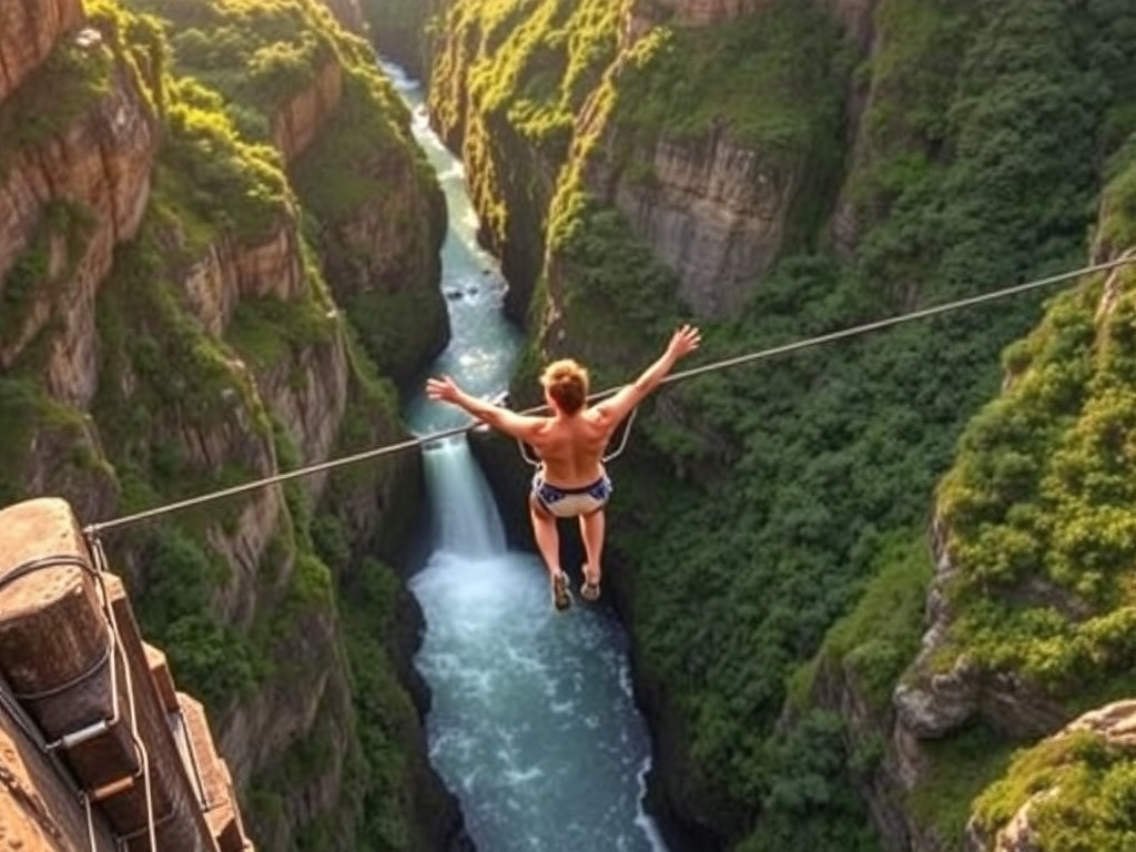 bungee jumper leaping from a high bridge over lush green gorge in South Africa