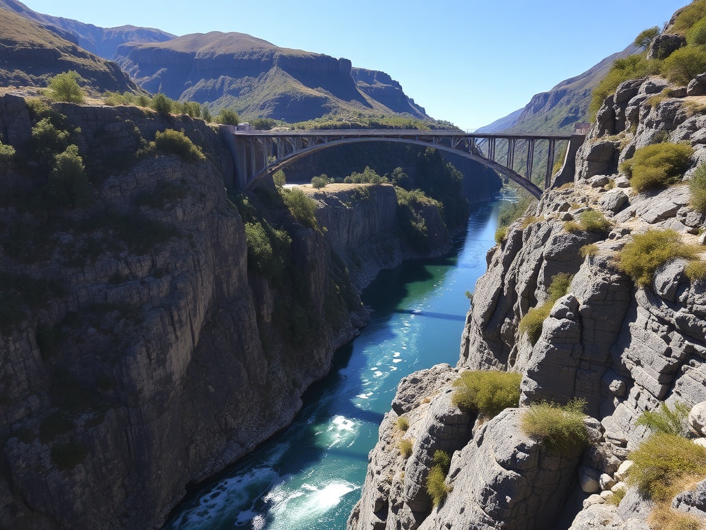 historic Kawarau Bridge bungee jump with clear river and rocky canyon