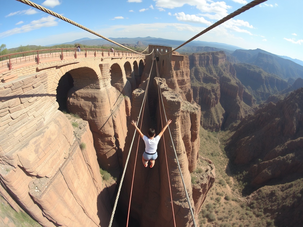 historic suspension bridge bungee jump in Mexico desert canyon