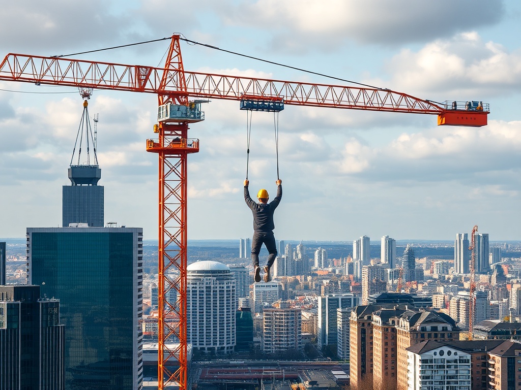 industrial crane bungee jump in Germany with urban skyline and metal structure
