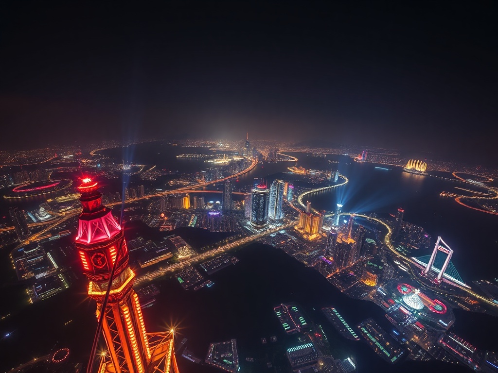 nighttime bungee jump from Macau Tower with city lights glowing beneath