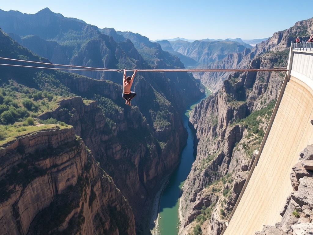 vertical bungee jump from Contra Dam with steep concrete wall and valley