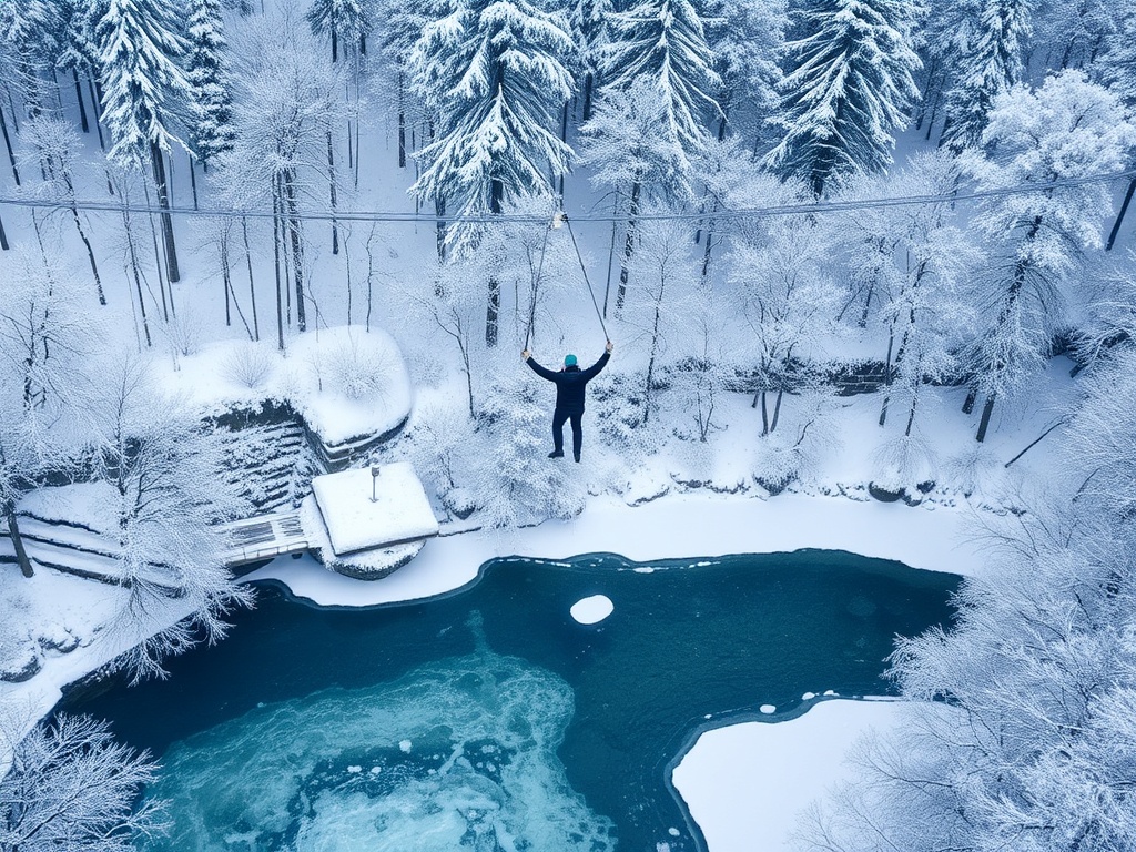 winter bungee jump in Japan with snow covered trees and frozen river