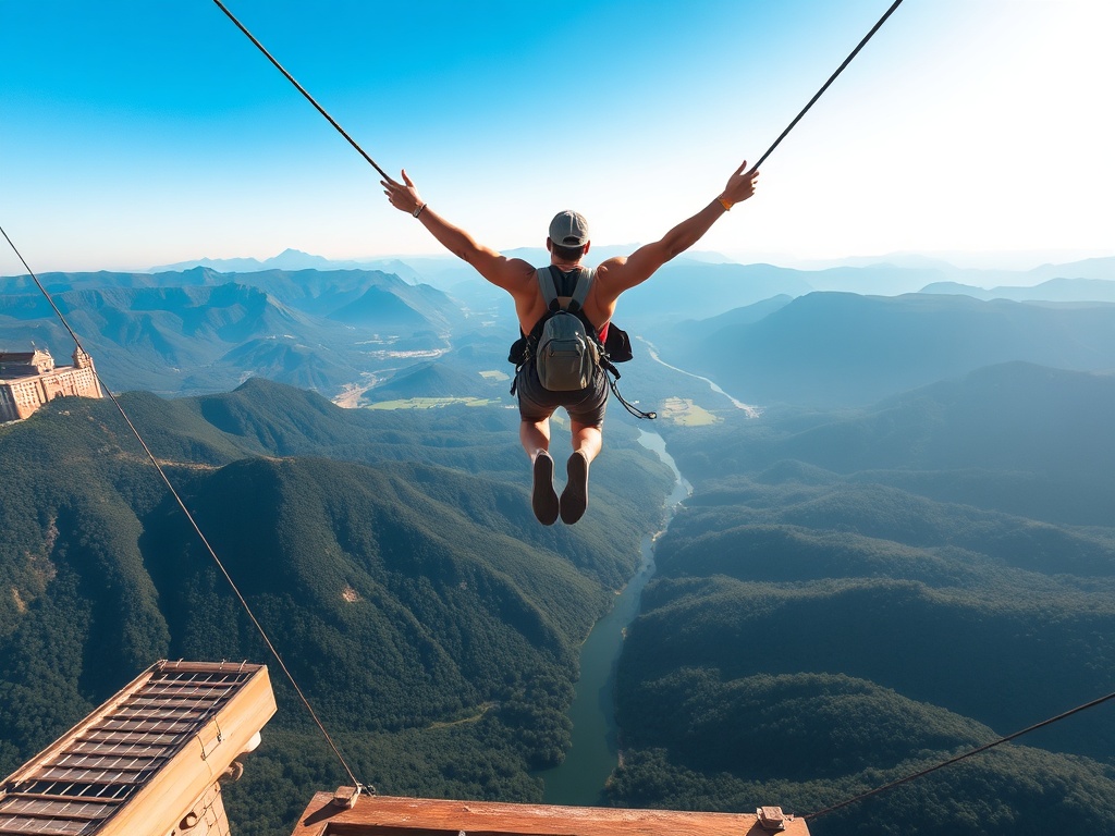 bungee jumper mid-leap diving forward from platform, wide open landscape below